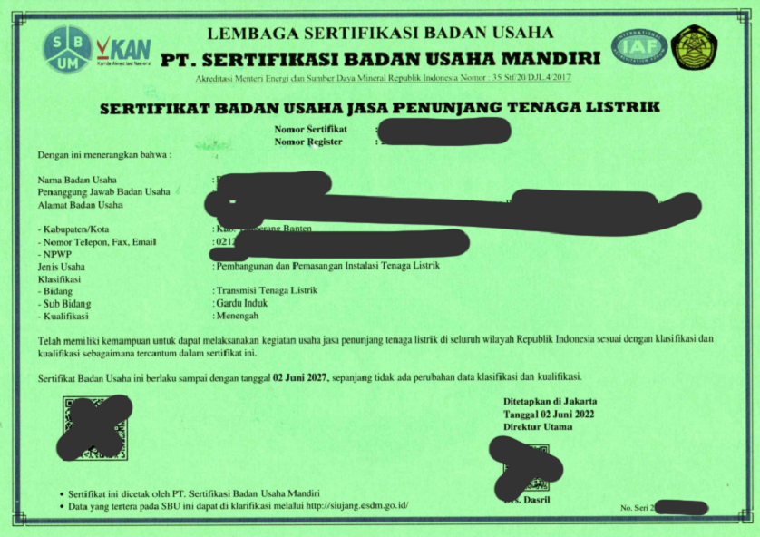 Contoh Format Sertifikat Badan Usaha Jasa Penunjang Tenaga Listrik (SBUJPTL)