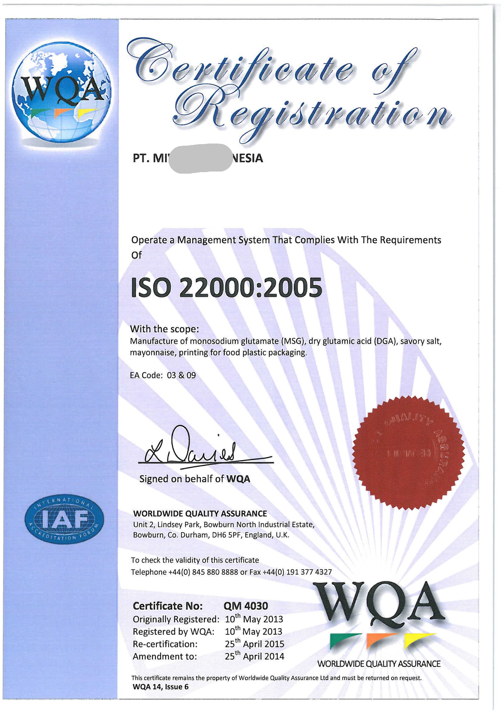 Contoh Sertifikat ISO 22001:2015 - 1