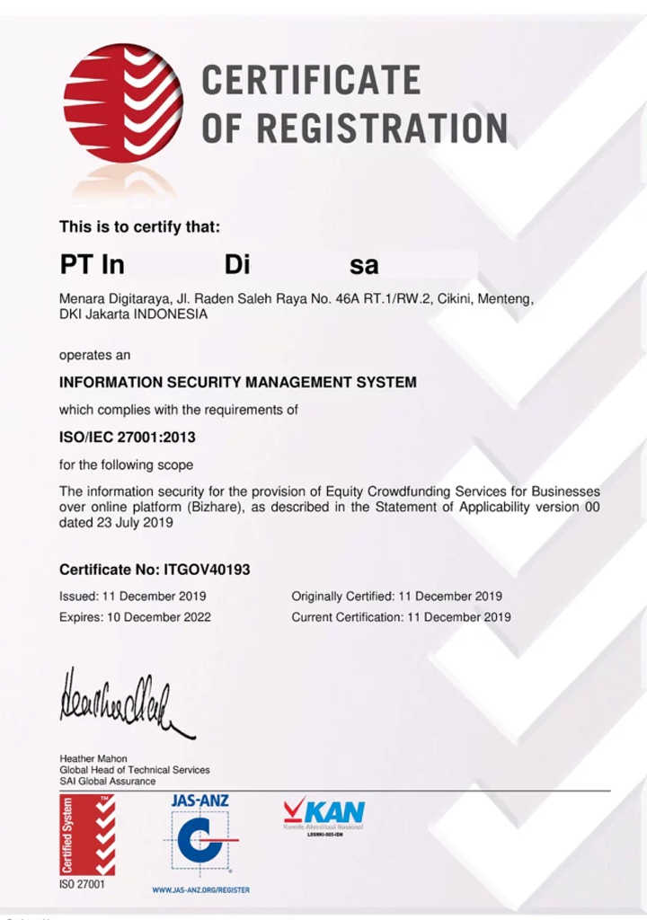 Contoh Sertifikat ISO 27001:2022 - 1