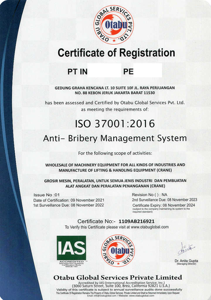 Contoh Sertifikat ISO 37001:2016 - 1